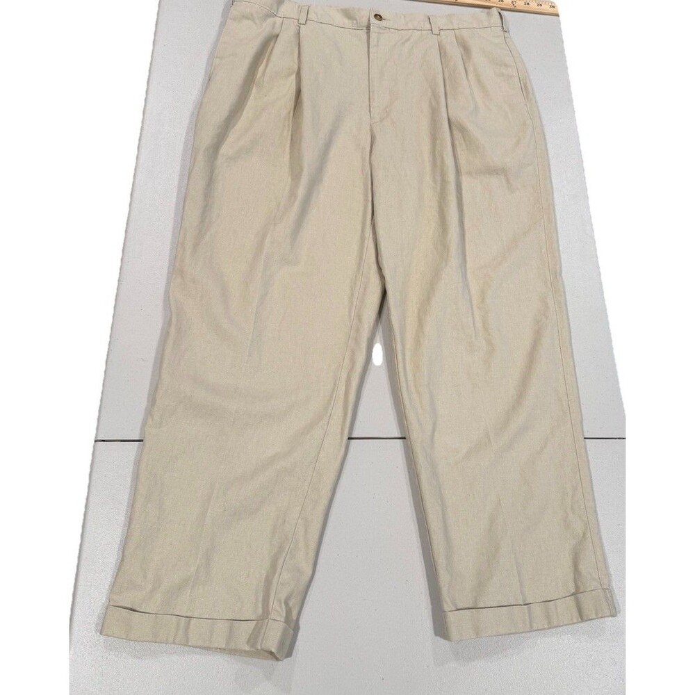 Irvine Park Linen Pants Mens 39 Tan Chino Pleated Cuffed Coastal Travel Workwear